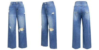 Calça jeans feminina de cintura alta, cintura larga, bolsos para lavar buracos,