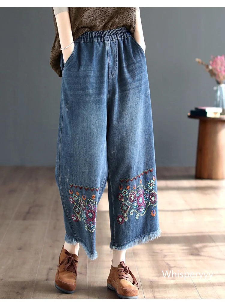 Retro National Style High Waist Embroidered Jeans Female Spring Autumn New Loose Wide-Leg Denim Trousers Women's clothing 2023