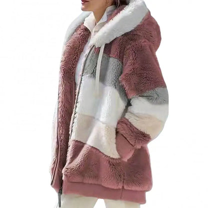 Women's Faux Fur Parka, Fall & Winter Long Sleeve, Color Block Zipper Hooded Coat, Warm and Cozy