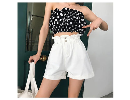 Y2k Summer Black Women Denim Shorts Women S-5XL Harem Ruffled White Blue High Waisted Shorts Female Elastic Short Jeans