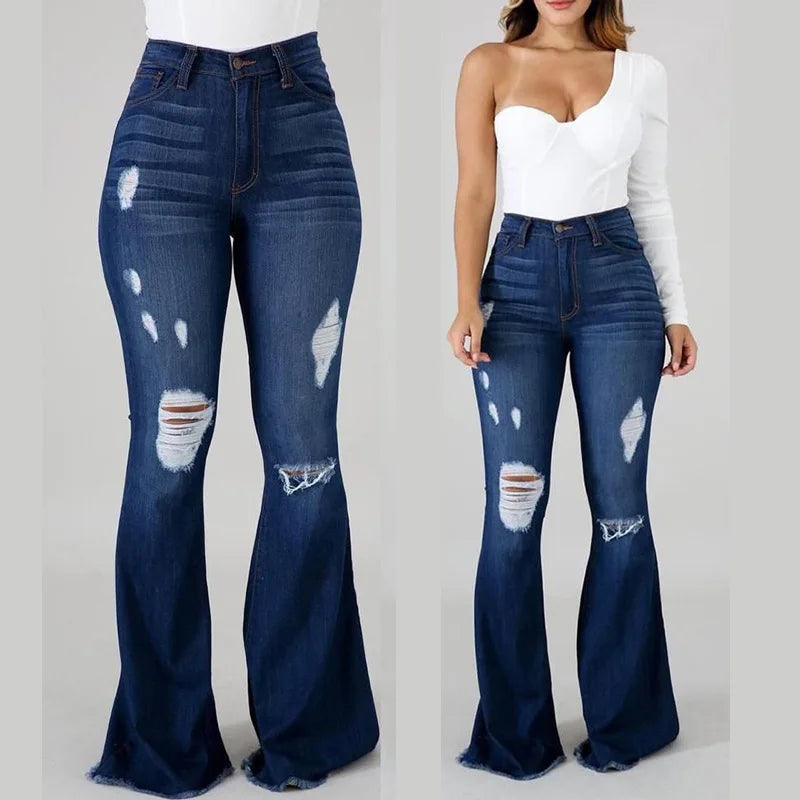 2023 New High Waist Ripped Flared Jeans For Women Fashion Slim Hip Lift Stretch Denim Pants Street Casual Female Trousers S-3XL