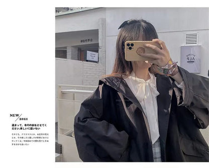 Black Short Hooded Trench Coat for Spring Autumn 2024 Casual Loose Fitting Slimm