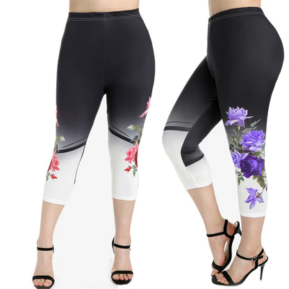 ROSEGAL - High-Waisted Rose Print Capri Jeggings (S-5XL)