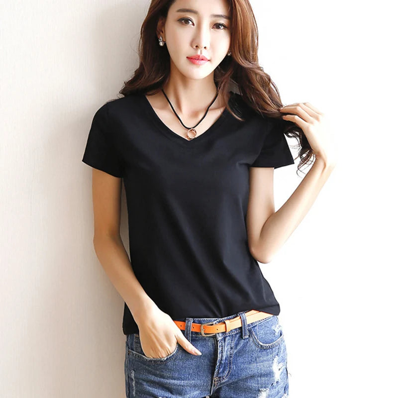 2024 Summer Women's Short-Sleeve T-Shirt – Casual Round-Neck Solid Color Top in Black & White