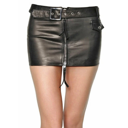 Women Authentic Lambskin 100% Leather Skirt Belted Zip Up Mini Skirt Fashion Tre