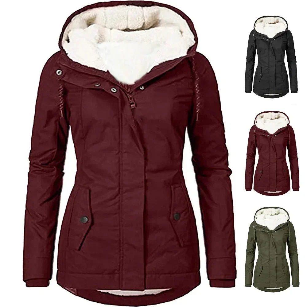 Women's Hooded Zipper Coat - Loose Parka with Pockets, Full Sleeves, Thick and Warm, Monochromatic Casual Jackets for Fall and Winter 2023