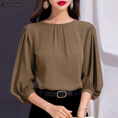 2024 ZANZEA Elegant 3/4 Lantern Sleeve Blouse – Loose-Fit Solid Top for Office, Party & Casual Summer Wear for Women