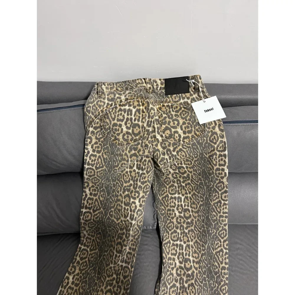 Wide-Leg High-Waisted Leopard Print Retro Jeans for Women, Y2K Oversized Casual Pants, Spring 2024