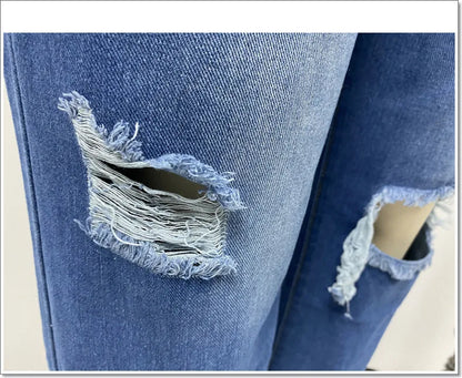 Calça jeans feminina de cintura alta, cintura larga, bolsos para lavar buracos,