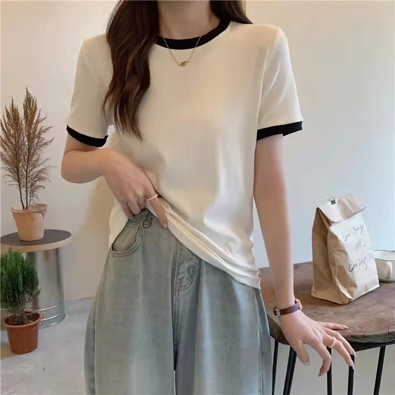 Summer Women's Pure Color T-Shirt – Elastic Slim-Fit, Large Round-Neck Lightweight Korean Casual Top