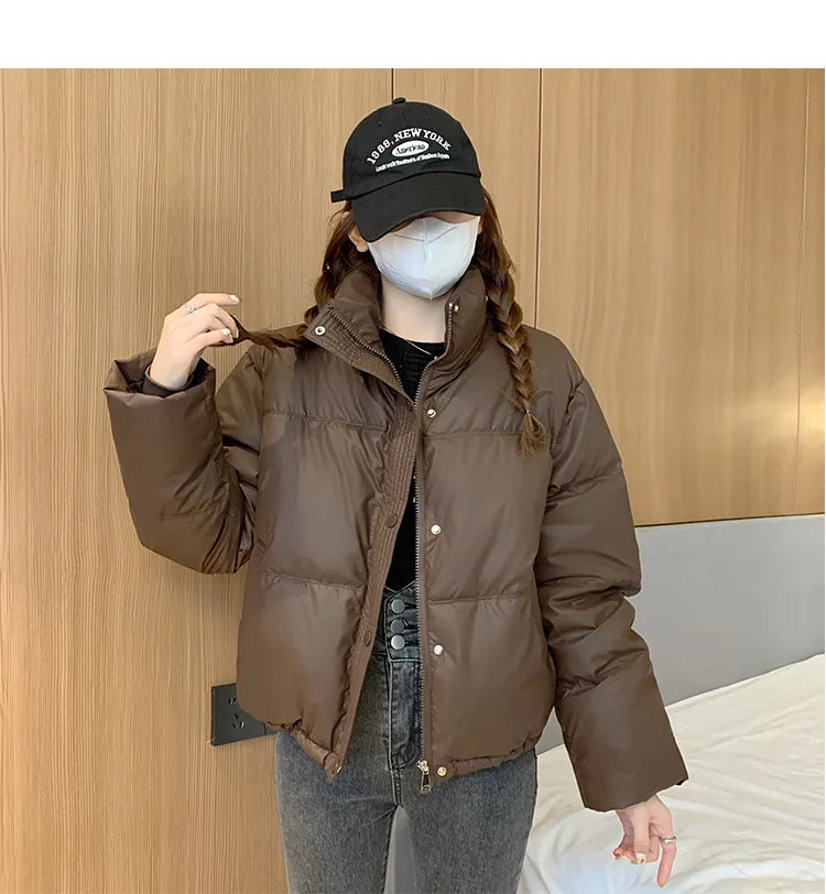 Women's PU Leather Thick Jackets - Warm Short Parkas, Quilted Cotton Black Jacket, Stylish Zipper Design, Winter Fashion 2022