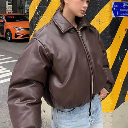 Women's Faux Leather Jacket, Oversized Streetwear, Warm Quilted Parka, Short Bomber Coat, Cotton, Fall & Winter 2024