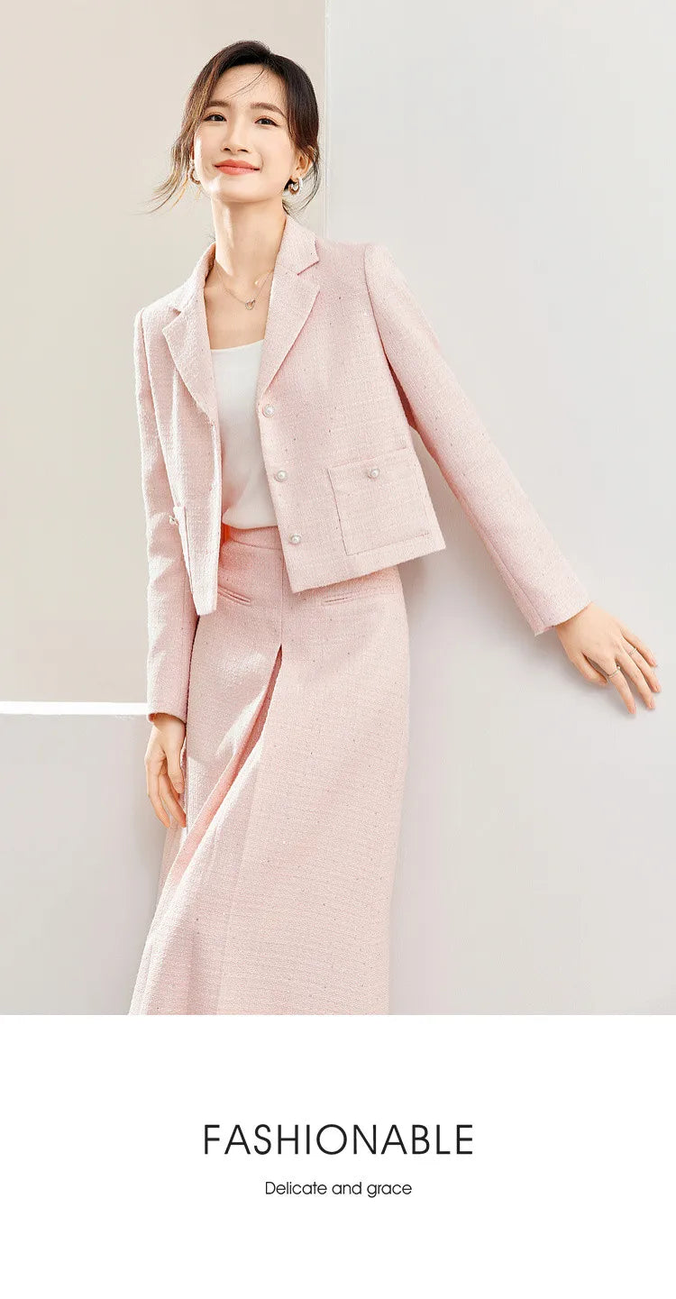 SENTUBILA Pink Elegant Cropped Tweed Jacket 2024 Spring Notched Single Breasted