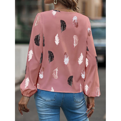 Women’s Feather-Pattern Chiffon Blouse – Elegant Long-Sleeve Fashion Top