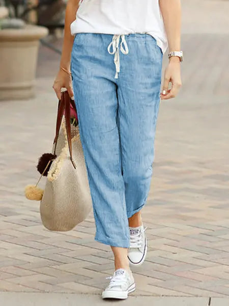 Women's Casual Long Pants – Simple Style, Elastic Waist, Solid Color, Perfect for Spring and Summer, New Chic Workwear