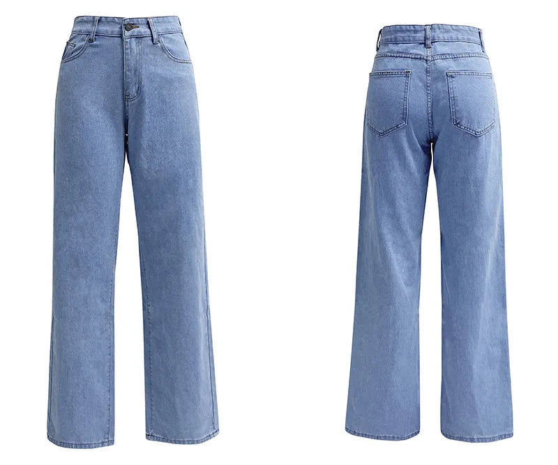 Women’s High-Waisted Straight-Leg Stretch Jeans - Washed Button-Zip Denim, Trendy Spring/Summer 2022 Fashion