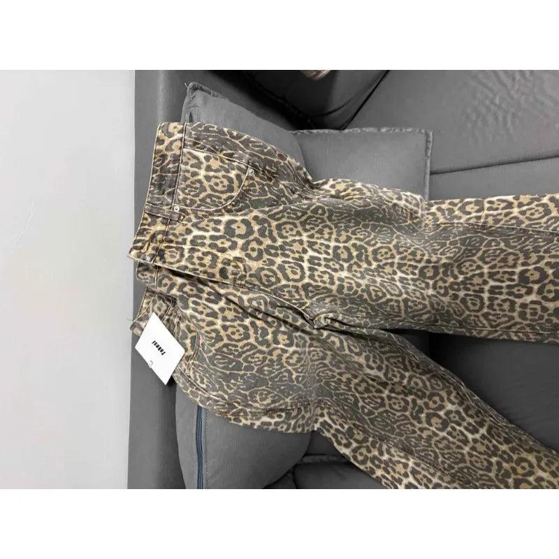 Wide-Leg High-Waisted Leopard Print Retro Jeans for Women, Y2K Oversized Casual Pants, Spring 2024