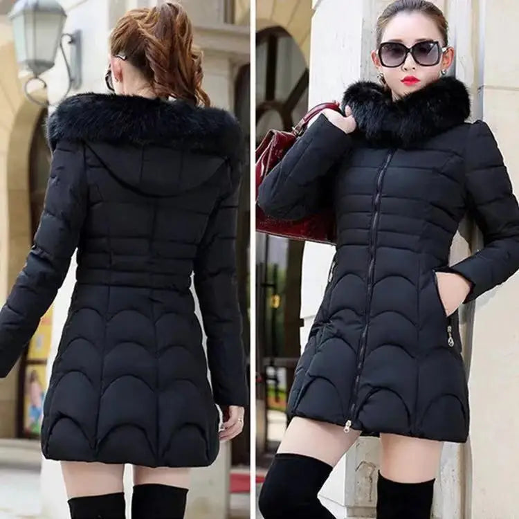 Women's Winter Jacket Parka, Large Faux Fur Collar with Hood, Thick Warm Coat, Casual Women's Outerwear, European Fashion, Black, Tops -30°C