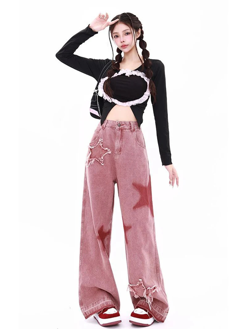 Jmprs Star Embroidery Y2K Jeans Women High Waist S-3Xl Sweet Denim Pants American Streetwear Loose Retro Female Design Trousers