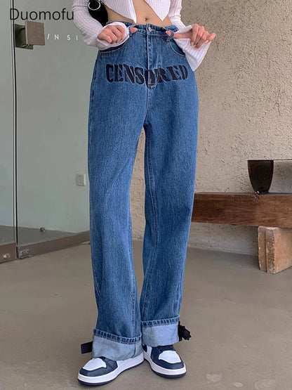 Duomofu Ins Vintage Letter Embroidery Loose Chic Bow Female Jeans Korean Fashion High Waist Slim Simple Casual S-XL Women Jeans