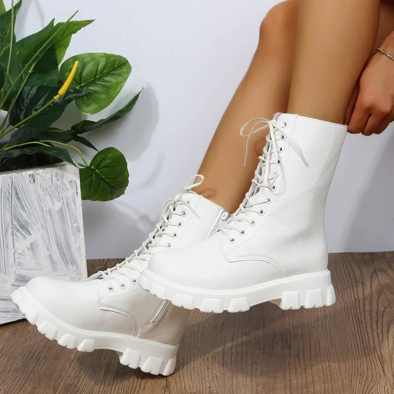 2024 Women's PU Leather Motorcycle Ankle Boots – White Chunky Heel Platform Booties for Autumn & Winter