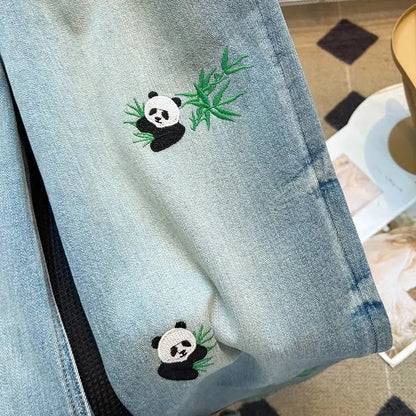 Jeans reto panda bordado feminino, calça de cintura alta, slim, perna larga, se