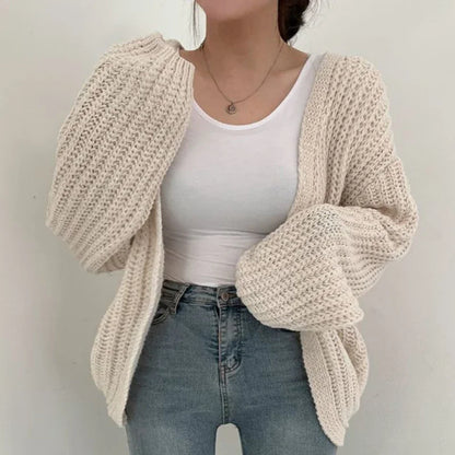 Cardigan de malha versátil casual feminino, suéter gola v, jaqueta solta, casa