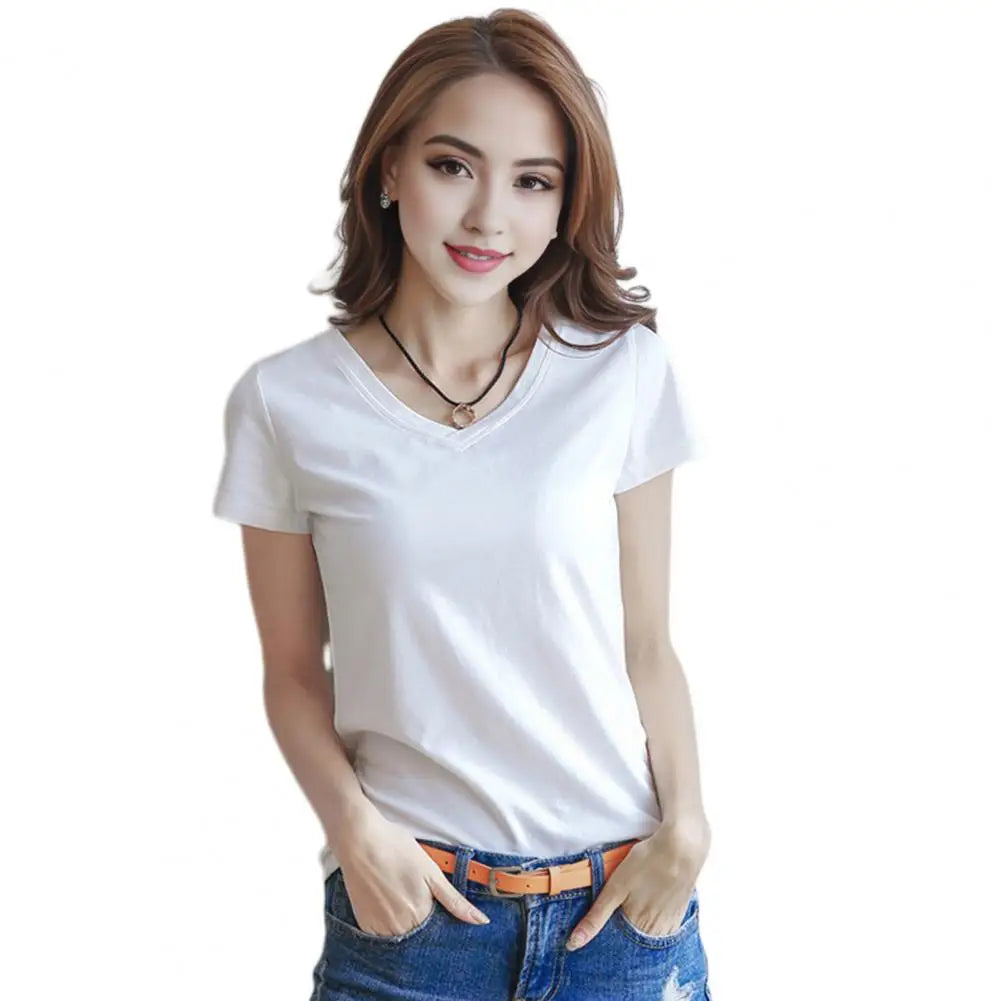 Women's Slim Fit V-Neck T-Shirt – Stretchy Solid Pullover Top for Effortless Streetwear