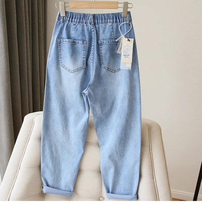 S-5XL Women Jeans Spring Autumn Elastic Waist Light Blue Loose Denim Pants 2023 New Harem Pants Female Casual Trousers