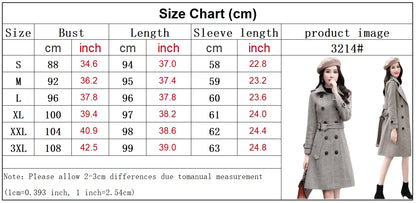 Korean Wool Blends Women Coats Lapel Double-Breasted Lined Trench Belt Ladies St