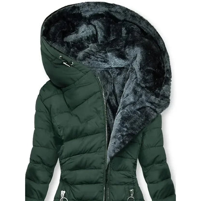 Women's Quilted Cotton Jacket with Zipper - Warm Faux Fur Collar Parka, Hooded Coat, Long Sleeve Trendy Winter Wear