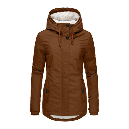 2021 New Style Women's Autumn/Winter Wool-Lined Long Sleeve Jacket - Solid Color Zip-Up Pocket Parka