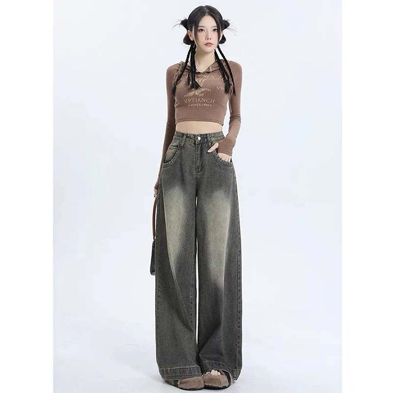 New Classic Loose Vintage Casual Female Wide Leg Pants American Spring Basic Washed Fashion Distressed Street S-XL Women Jeans