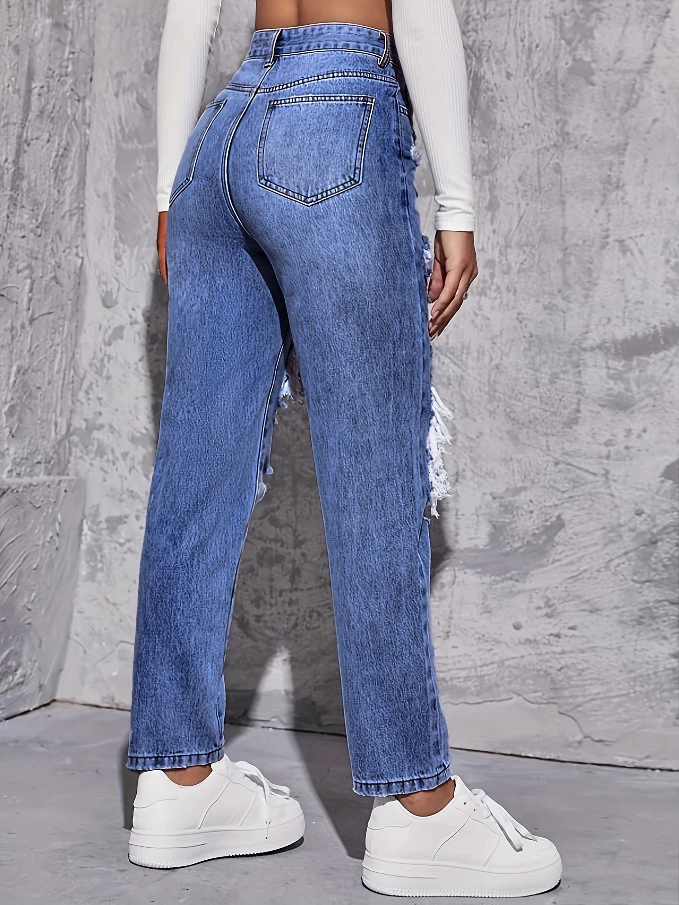 Jeans retrô americano furado para mulheres, cintura alta, virilha reta, solto,