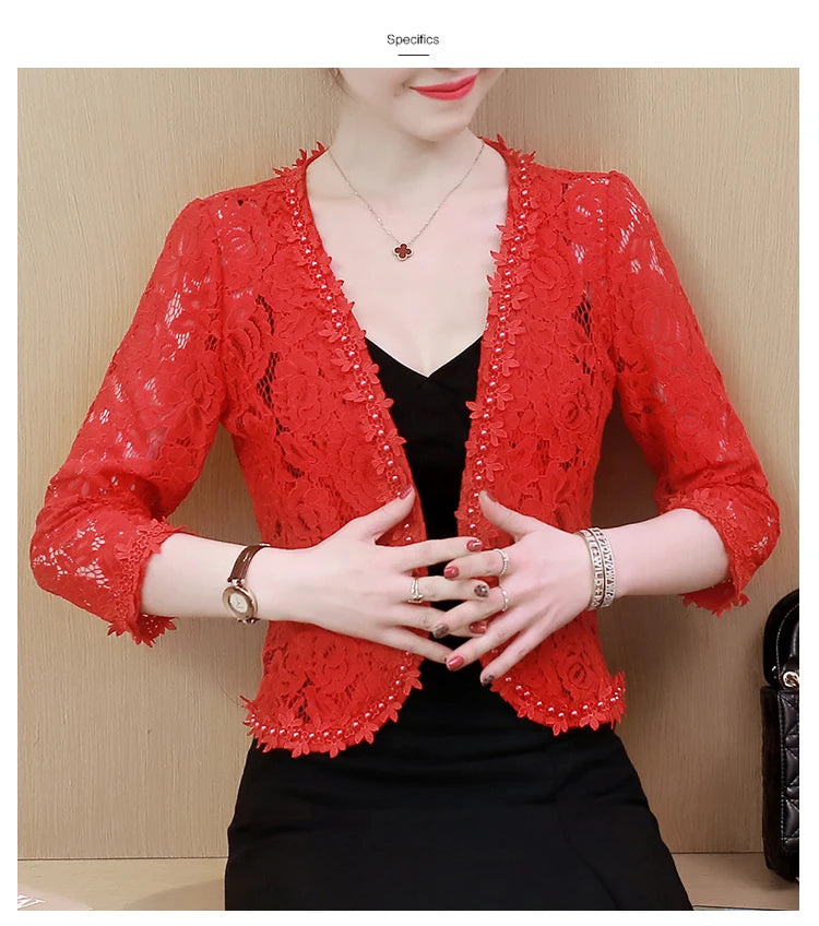 2022 Autumn Lace Beaded Hollow Sunscreen Cardigan Elegant Short S-4XL Large Size