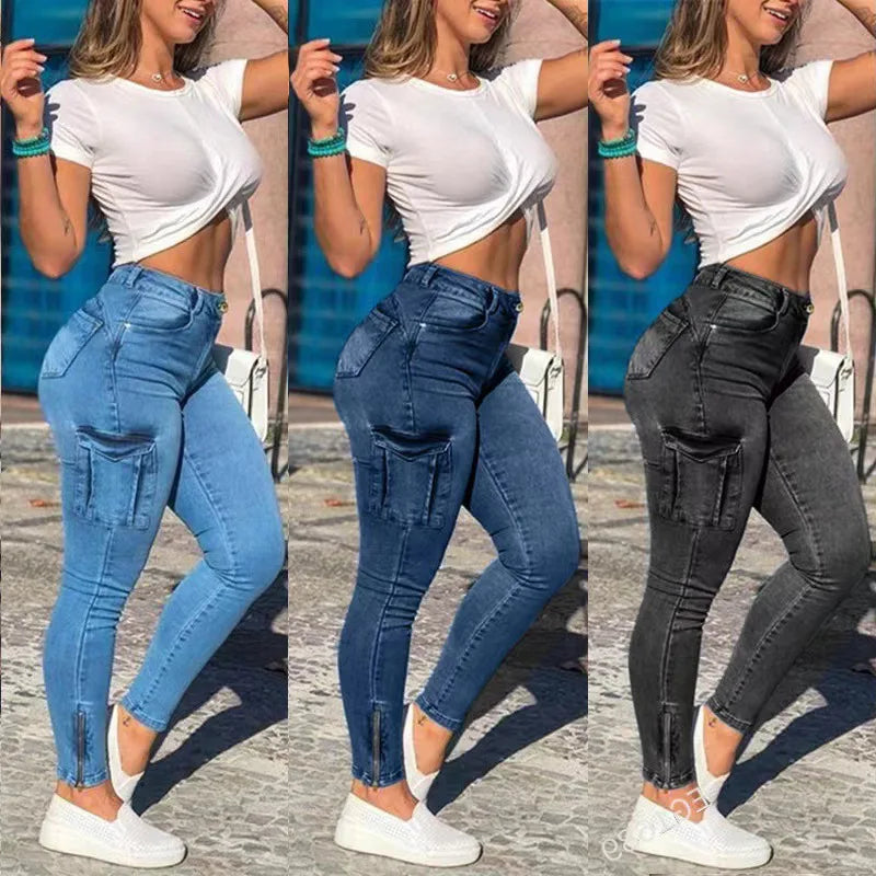 2023 New Fashion High Stretch Skinny Jeans For Women Casual Pocket Sexy Hip Lift Denim Pencil Pants Female Cargo Jeans S-3XL