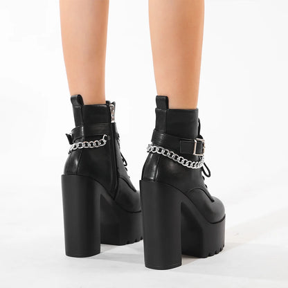 Women's Chain-Embellished Block Heel Boots – Fashionable Lace-Up, Side Zipper Platform Ankle Booties with High Heels