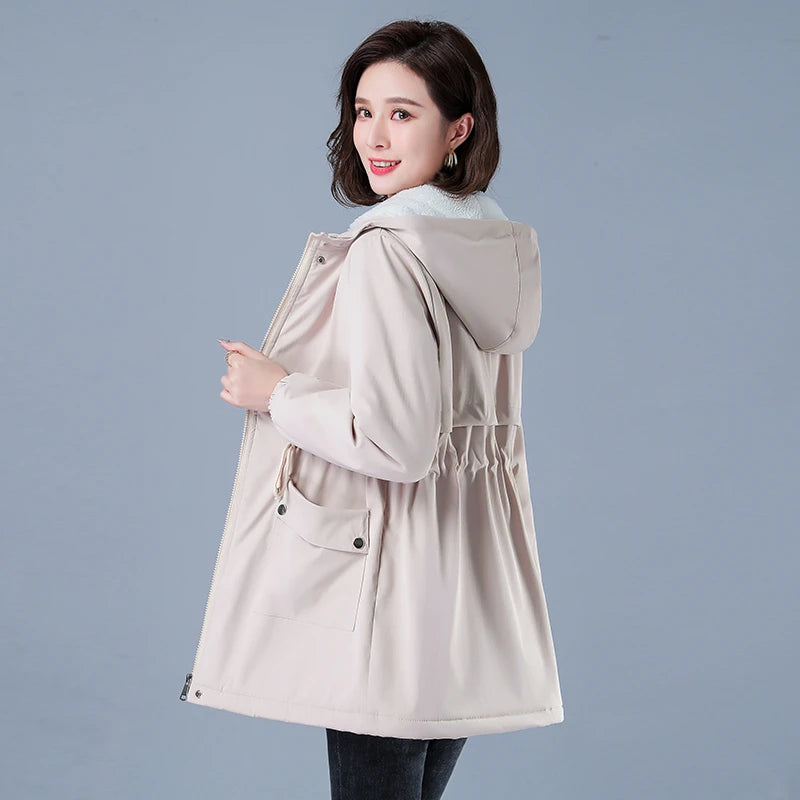 Women's Casual Cotton Parka with Fleece Lining, Hooded Trench Coat, Warm Puffer Jacket, Winter Outerwear