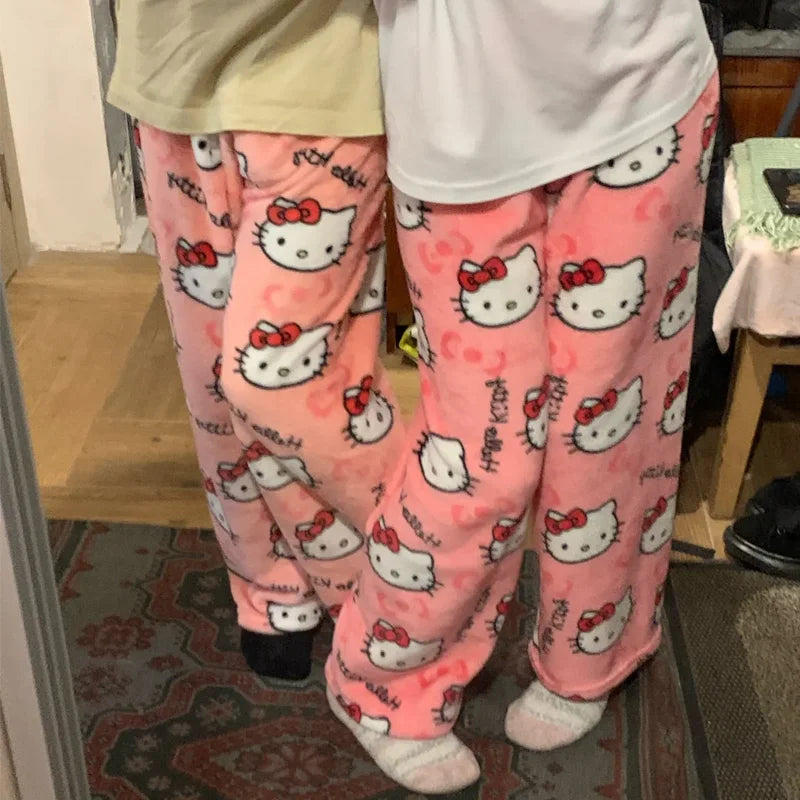 Hello Kitty Pijama de flanela feminina, calça de lã quente, anime kawaii, pret