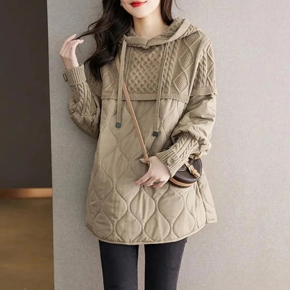 Women's Hooded Parka with Knit Accents - Slim Cotton Jacket, Stylish Winter Coat