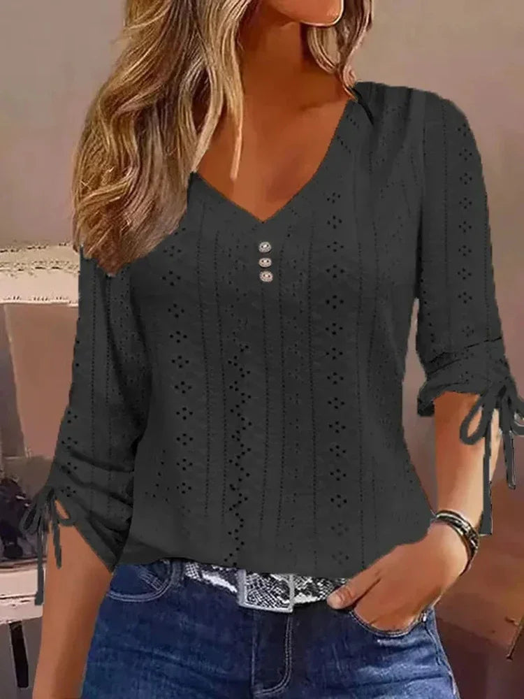 2024 Women's Long Sleeve V-Neck Blouse – Elegant Hollow-Out Bow Top with Casual Button-Up Design