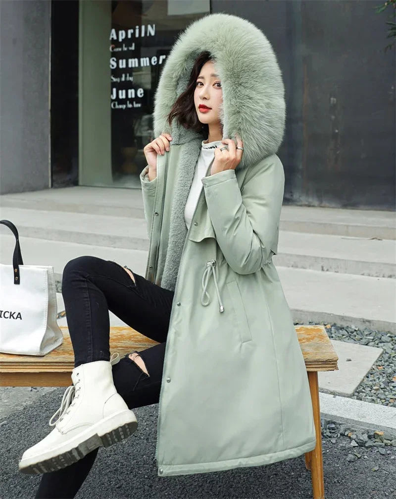 Women's Wool Hooded Jacket with Faux Fur Collar, Long Coat, Thick Warm Winter Snow Parka, Fashionable 2024 Winter Coat