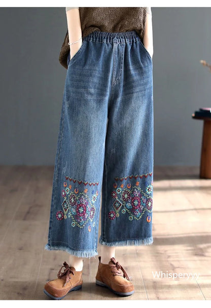 Retro National Style High Waist Embroidered Jeans Female Spring Autumn New Loose Wide-Leg Denim Trousers Women's clothing 2023