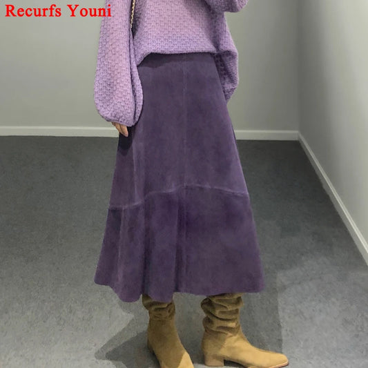 Women Purple Suede Leather Skirt 2024 Trend Spring Harajuku Big Hem 85 cm Long F