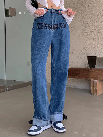 Duomofu Ins Vintage Letter Embroidery Loose Chic Bow Female Jeans Korean Fashion High Waist Slim Simple Casual S-XL Women Jeans