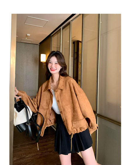 Retro Suede Short Jacket for Women in Spring and Autumn 2024 New Loose Fitting C