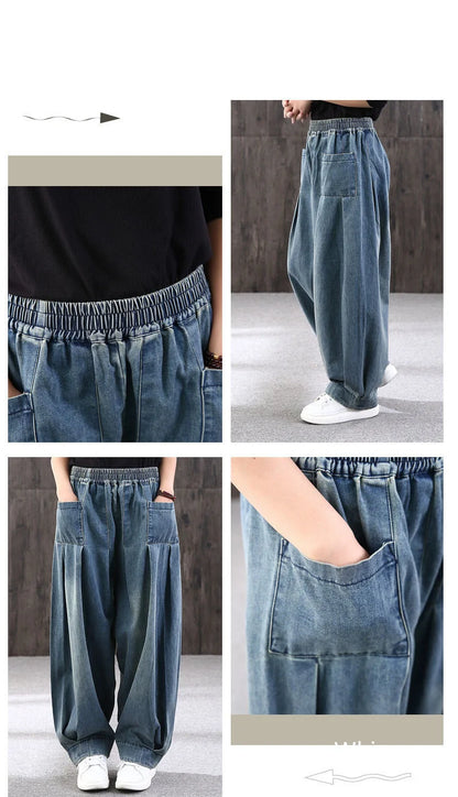 2023 New Loose Large Size Denim Wide Leg Haren Pants Female Art With Chinese Style Casual Sagging Jeans Bloomers Woman Clothing