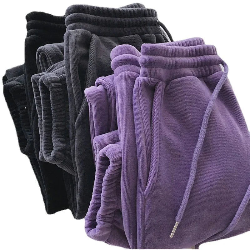 Calça de lã grossa e larga feminina, calça esportiva casual, corredores quent