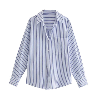 TRAF Women’s Loose-Fit Striped Button-Up Shirt – Chic Long-Sleeve Blouse with Pocket