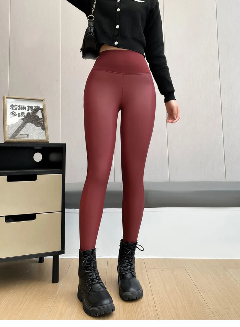 BIVIGAOS 2024 PU Leather Fleece Leggings - High Elastic, Slim Fit, Warm Winter Pants